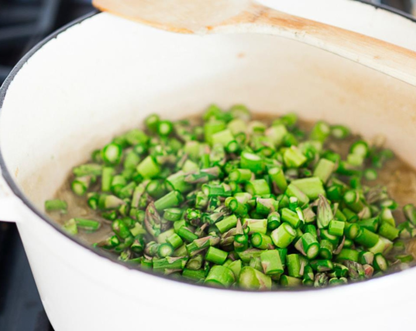 step 6 Add asparagus, turn heat up and return to a boil, and cook for 2-3  minutes. Don’t over cook or you will loose the lovely color.