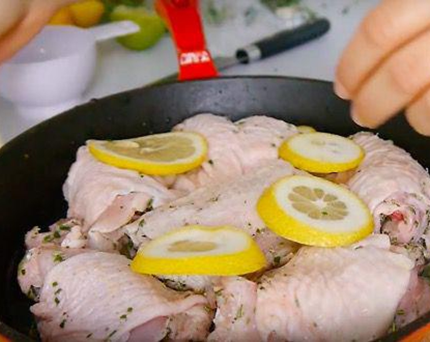step 6 Add the White Wine (4 Tbsp), Water (4 Tbsp), the juice of half of lemon and more lemon slices on top. These are optional but I really like this recipe extra lemony flavor.