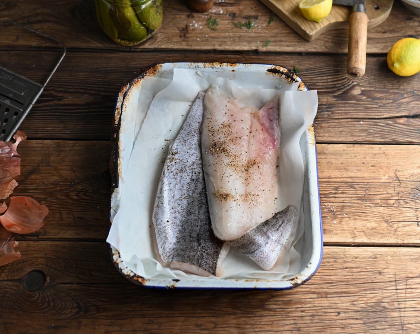 step 4 Slice the Skin-On Hake Fillets (1.3 lb) into sections and add to the food processor and blitz until combined. Season the mixture with Coarse Sea Salt (to taste) and Coarse Black Pepper (to taste).