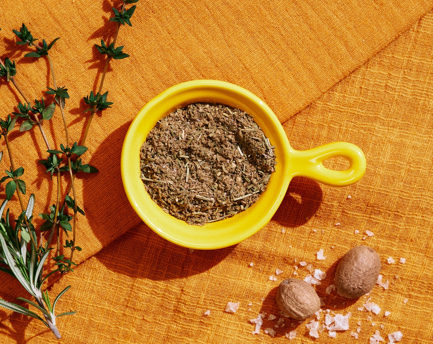 step 1 In a small bowl or jar, add Dried Sage (2 Tbsp), Dried Thyme (1 1/2 Tbsp), Dried Rosemary (1 Tbsp), Dried Marjoram (1 Tbsp), Fine Salt (1 tsp), Ground Nutmeg (1/2 tsp), and Ground Black Pepper (1/2 tsp) and mix until combined. Store in an airtight container.