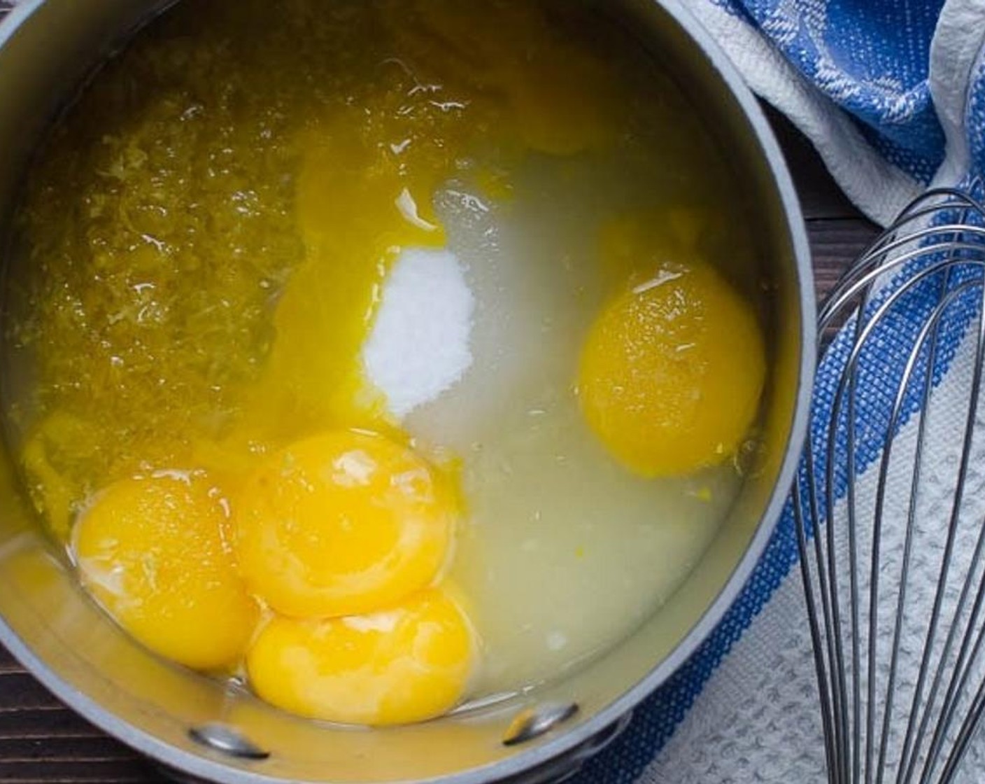 step 8 In a small saucepan, combine the Granulated Sugar (1 cup), Salt (1 pinch), lemon zest, lemon juice and egg yolks. Use a wire whisk to combine and place over medium low heat, whisking constantly and scraping the sides and bottom of the pan so it doesn't stick. Heat until the sugar dissolves and mixture begins to thicken. Remove from the heat.