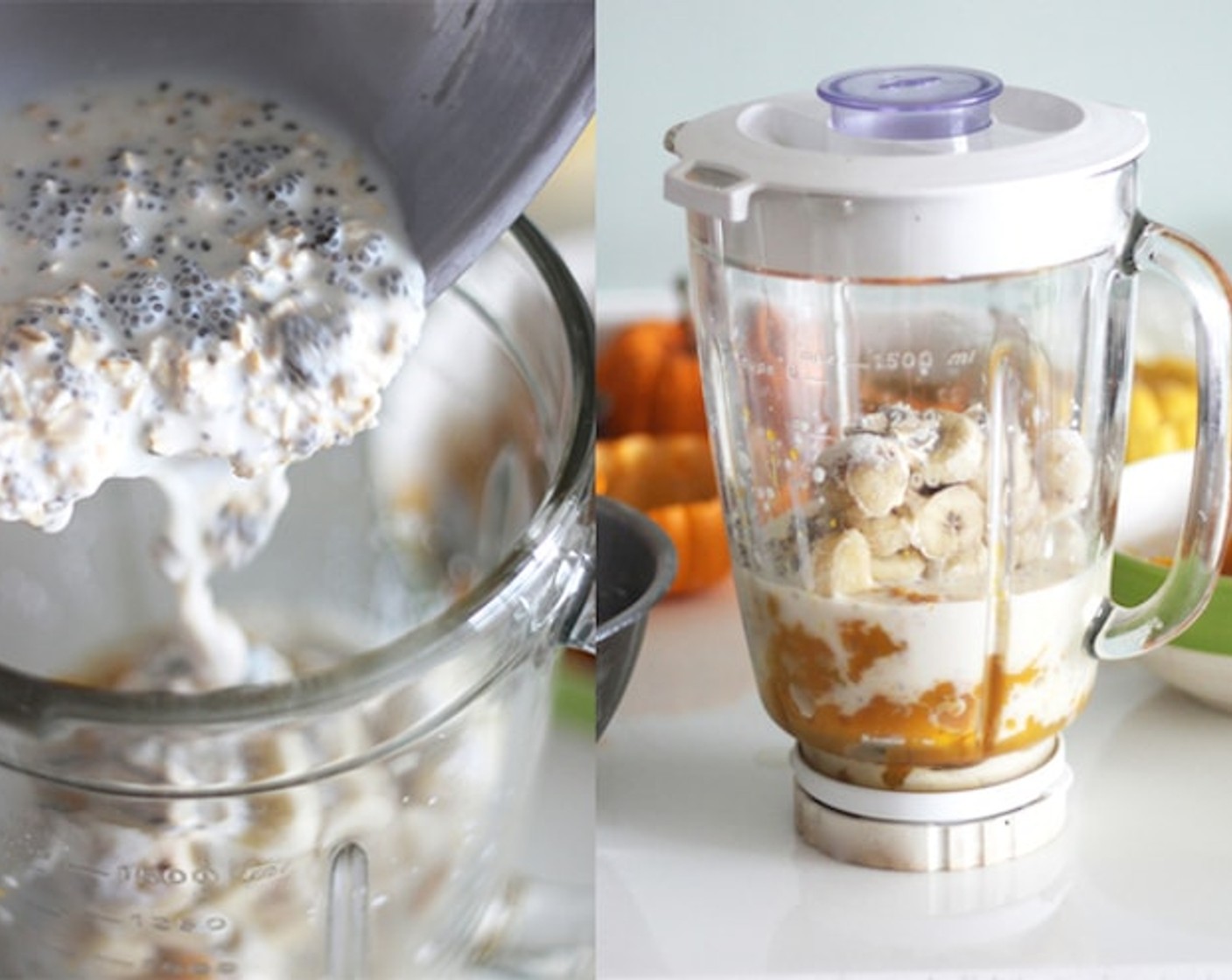 step 11 Put the soaked oats ingredients in the fridge, pumpkin puree, Maple Syrup (1 1/2 Tbsp), Simply Organic Cinnamon, Ground (2 tsp), Ground Nutmeg (1/4 tsp), and frozen bananas all into a blender, then blend it until all mixture is combined. Should take around 2-3 minutes.