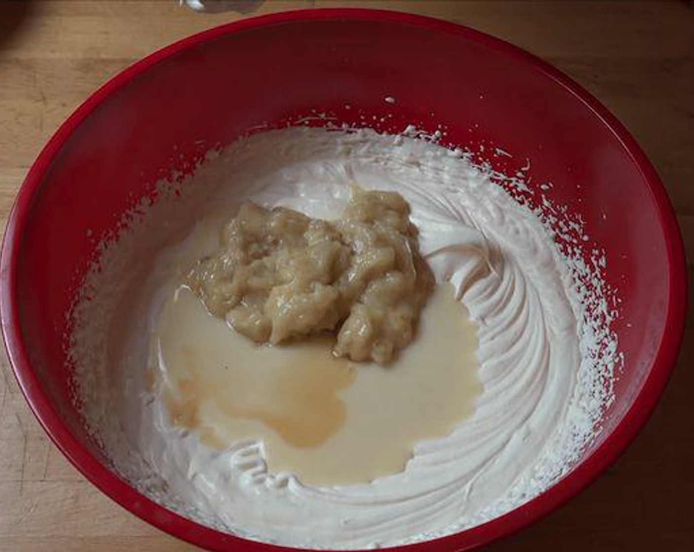 step 2 Add Sweetened Condensed Milk (1 1/3 cups), Vanilla Extract (1 tsp) and Bananas (2). Beat again until everything is combined and smooth.