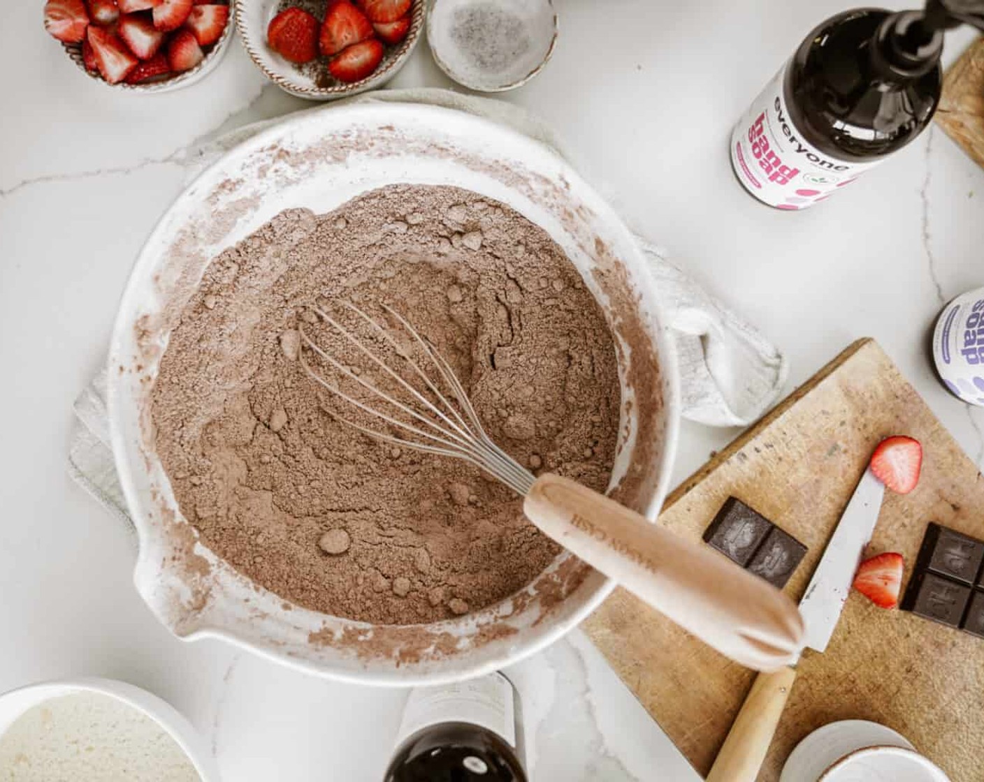 step 4 To a large bowl, add your Brown Sugar (2 cups), All-Purpose Flour (2 cups), Unsweetened Cocoa Powder (1/2 cup), Baking Powder (1 1/2 Tbsp), Baking Soda (2 tsp), and Salt (1 pinch). Whisk till well combined and there are no lumps.