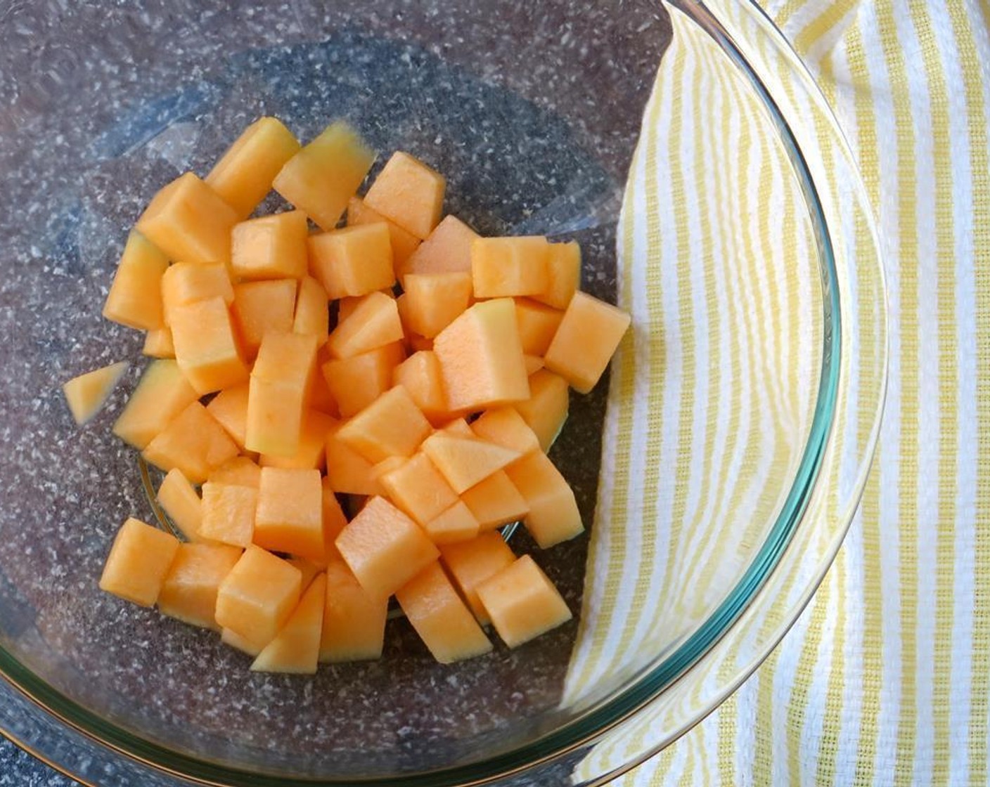 step 1 Cut the Cantaloupe (1 cup) into a half-inch dice, and add to a large mixing bowl.