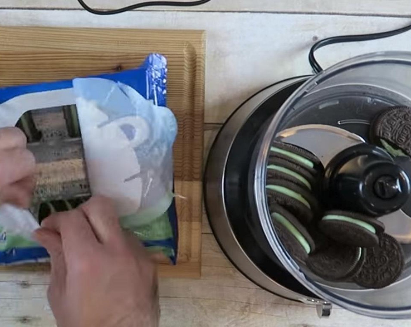 step 1 Add Oreo® Mint Creme Chocolate Sandwich Cookies (2 pckg) to food processor and pulse until powdered.