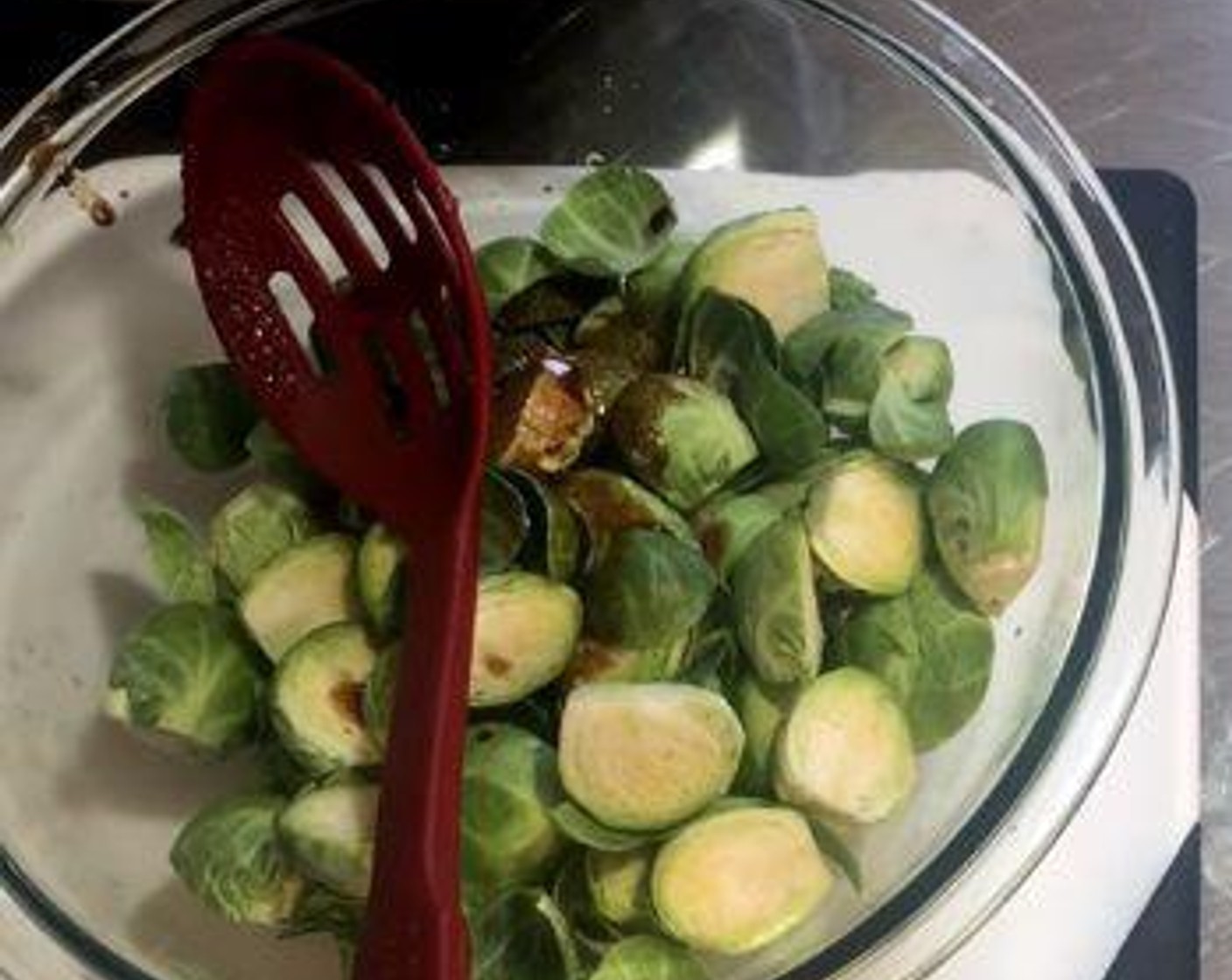 step 1 In a mixing bowl, mix together the Granulated Sugar (1/2 cup), Balsamic Vinegar (1/3 cup), Low-Sodium Soy Sauce (4 Tbsp), and Simply Organic Garlic Powder (1 Tbsp). Pour this mixture over the Brussels Sprouts (10 cups) together with the Onion (1).