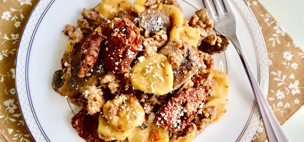 sausage-sun-dried-tomato-mushroom-orecchiette-recipe-sidechef