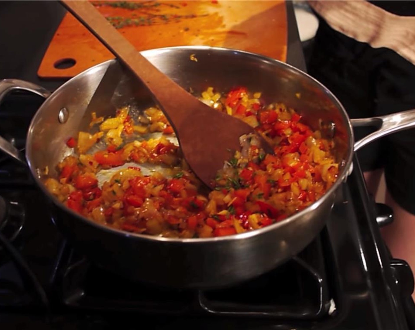 step 8 Add diced peppers to the pan along with Fresh Thyme (6 sprigs).