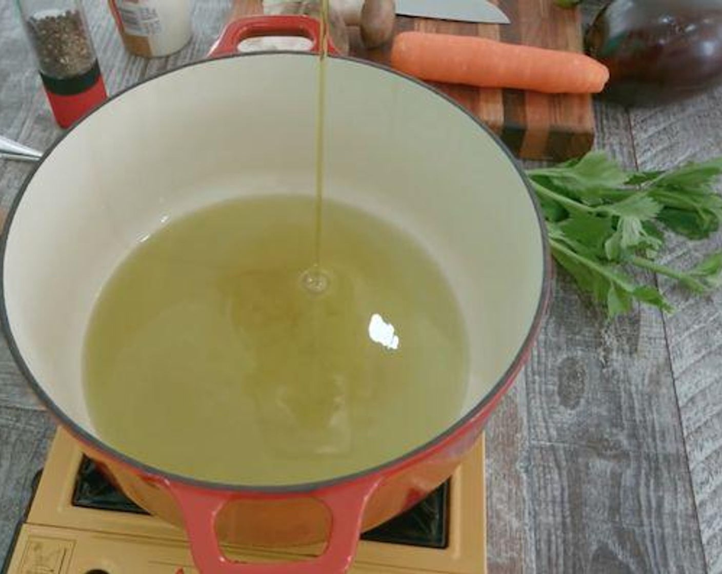 step 1 Place the pot on the stove at medium heat and a generous amount Extra-Virgin Olive Oil (as needed) enough to totally cover the bottom of the pot and then some.