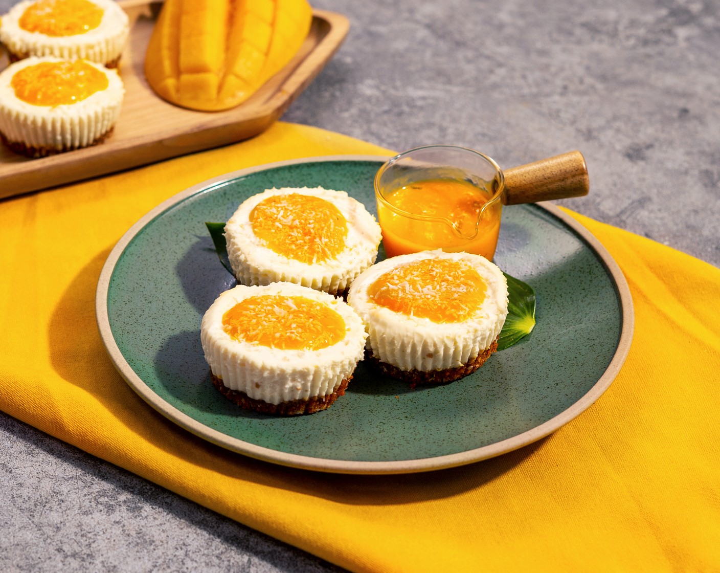 Mini No-Bake Coconut Cheesecake with Mango Purée