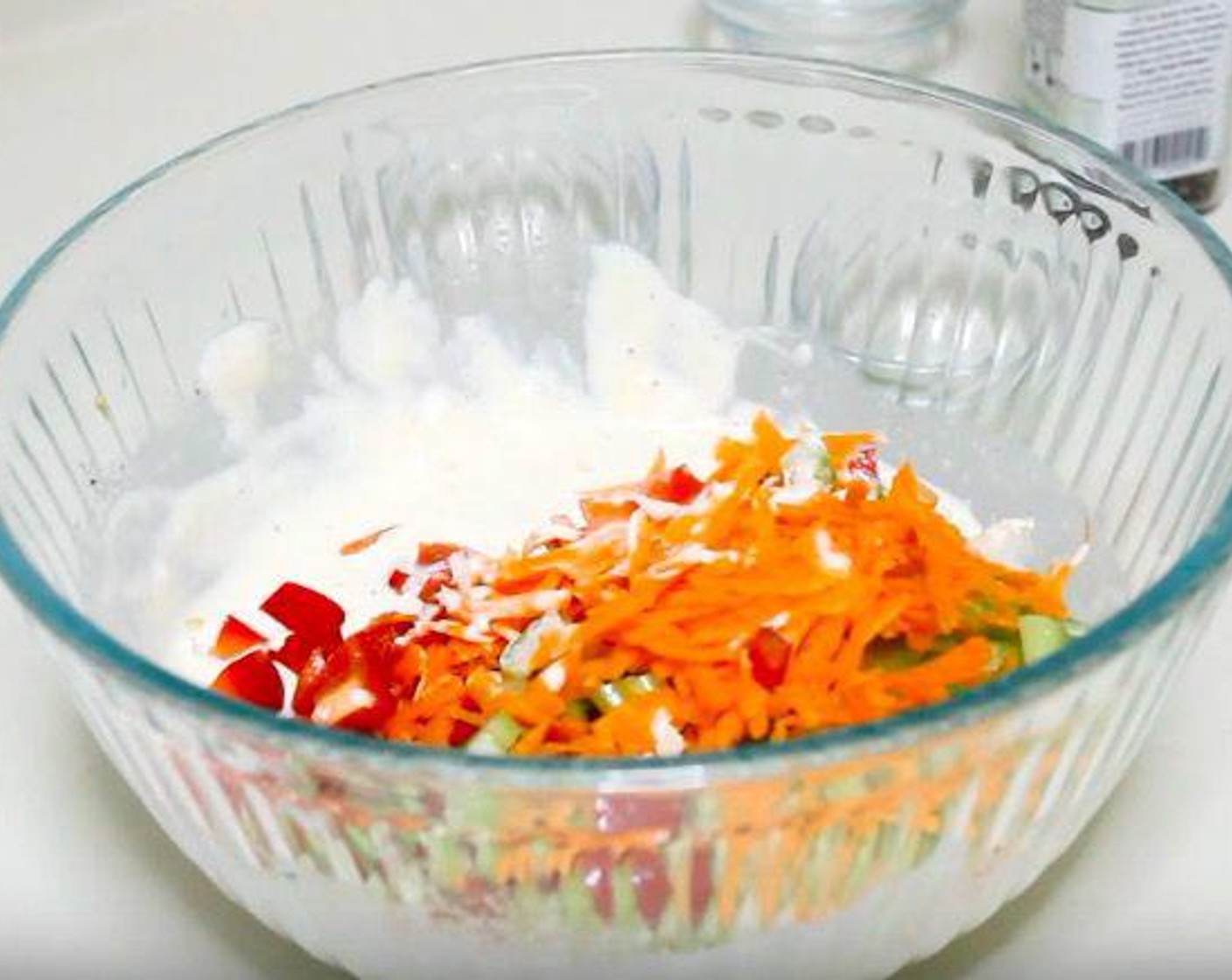 step 3 To the dressing, add Celery (1/3 cup), Red Bell Pepper (1/2 cup), Onion (1/4 cup), and Carrot (1/3 cup). Store in fridge until pasta is ready.