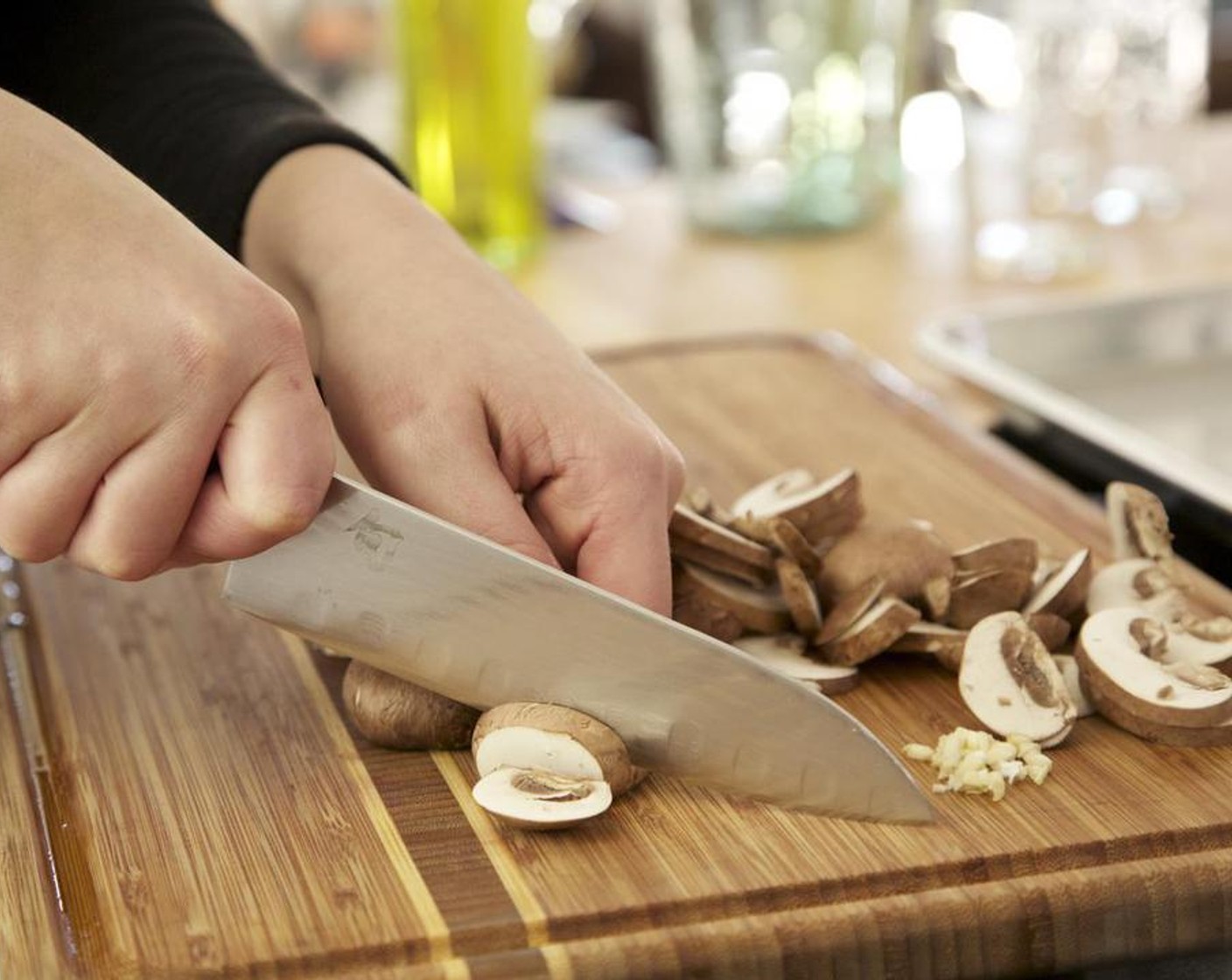 step 1 Mince the Garlic (1 clove) and set aside. Remove the stems from the Cremini Mushrooms (2 1/4 cups) and discard. Cut the mushrooms into 1/4 inch slices and set aside.