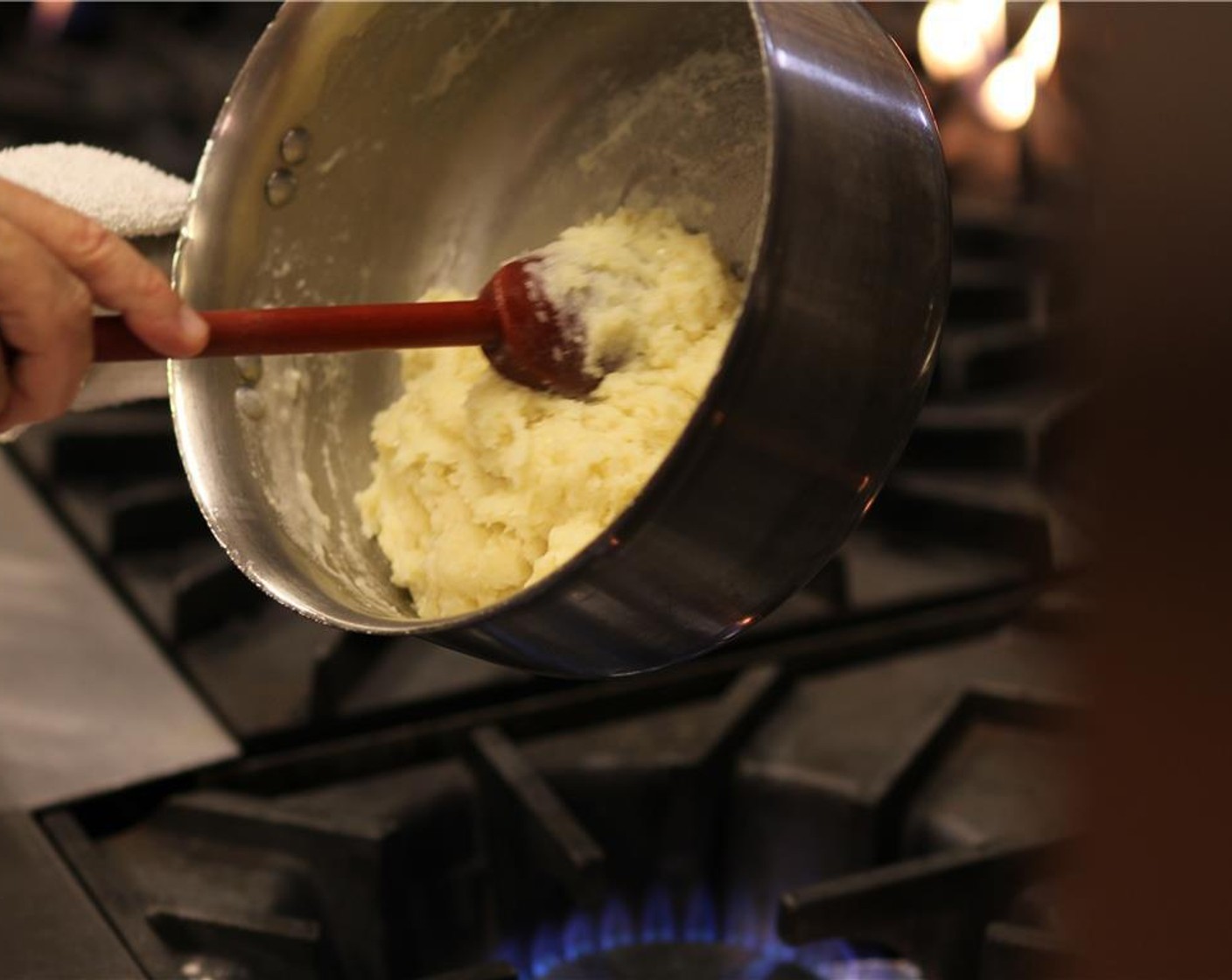 step 3 Add the All-Purpose Flour (1 2/3 cups) all at once and stir vigorously with a wooden spoon until a tight dough forms and pulls away from the side of the pan, 2 minutes. Remove pan from heat.