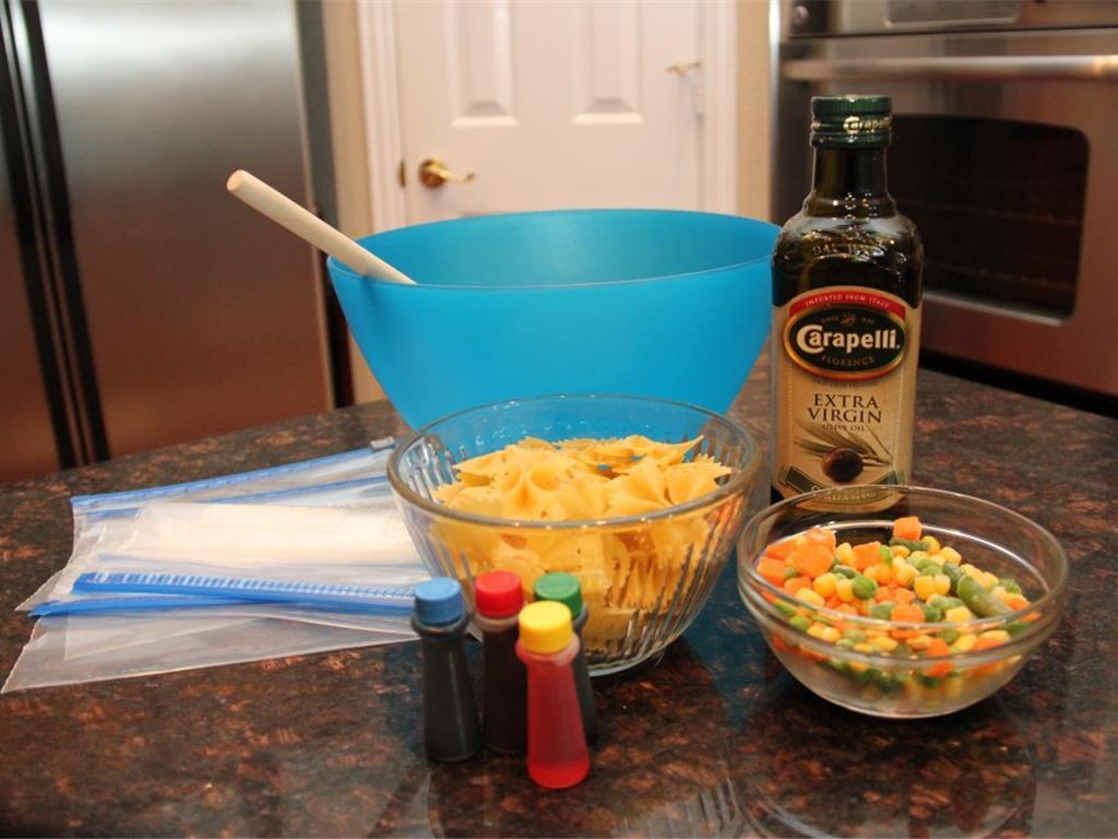 Step 1 of Rainbow Pasta Salad Recipe: Gather all of your ingredients.
