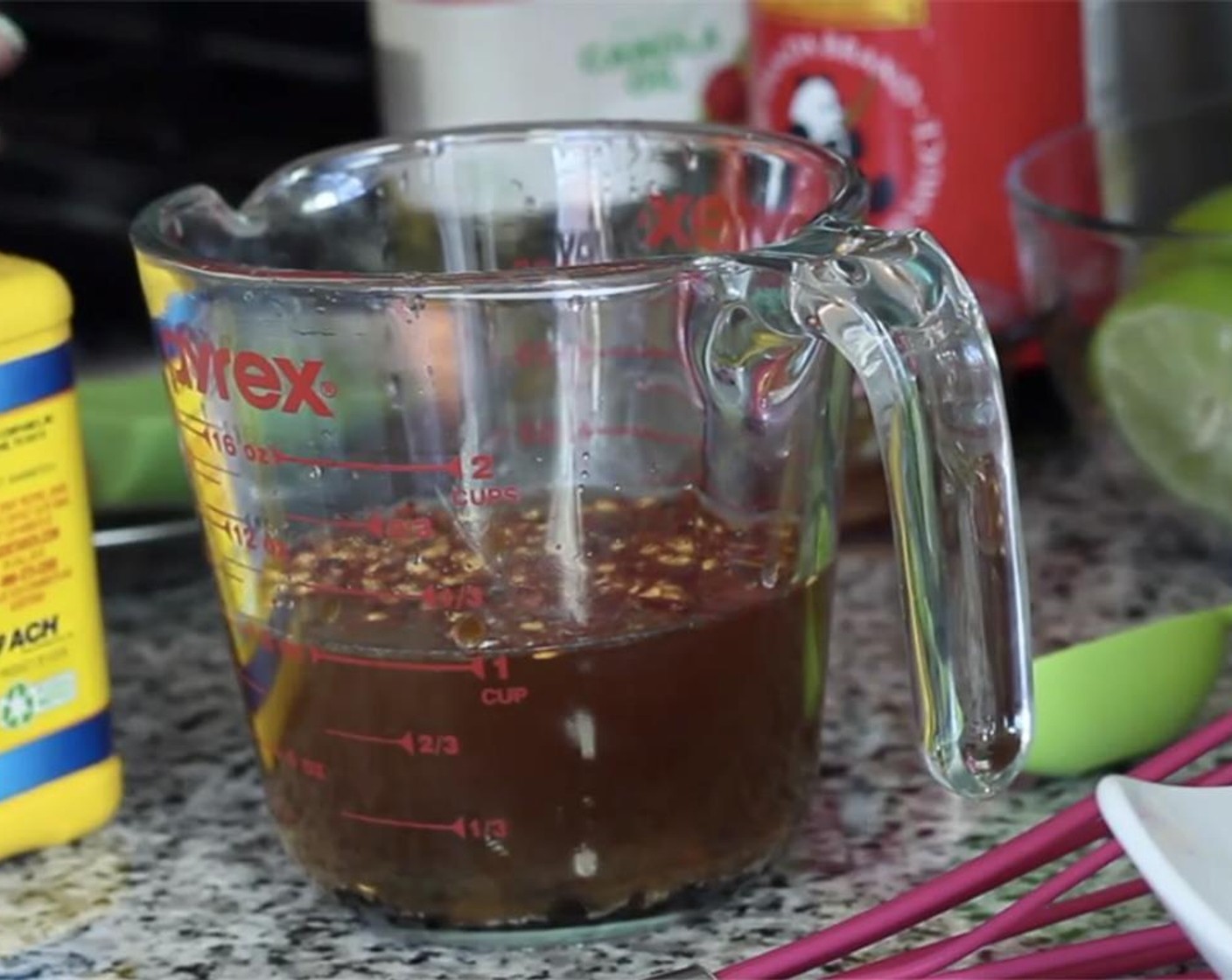 step 5 In a cup, whisk Water (3/4 cup), Oyster Sauce (2 Tbsp), juice from Lime (1), Crushed Red Pepper Flakes (1/2 tsp) and some Salt (to taste) and Ground Black Pepper (to taste).