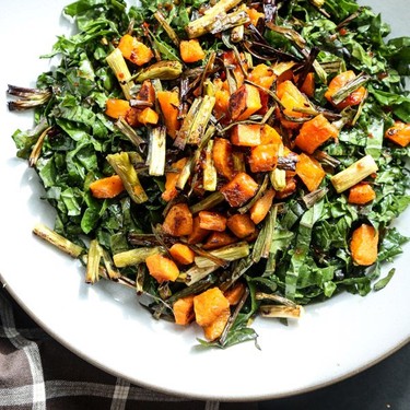 Massaged Kale Salad with Roasted Butternut Squash, Crispy Scallions and Sweet Chili Dressing Recipe | SideChef