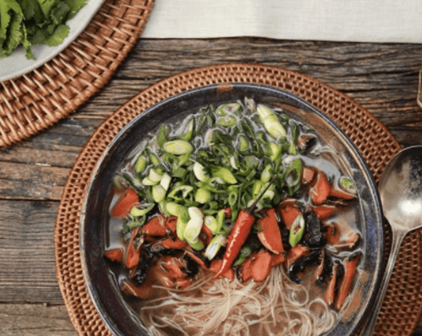 Faux “Pho” with Rice Noodles, Mung Bean Sprouts, Charred Carrots and Spring Onions