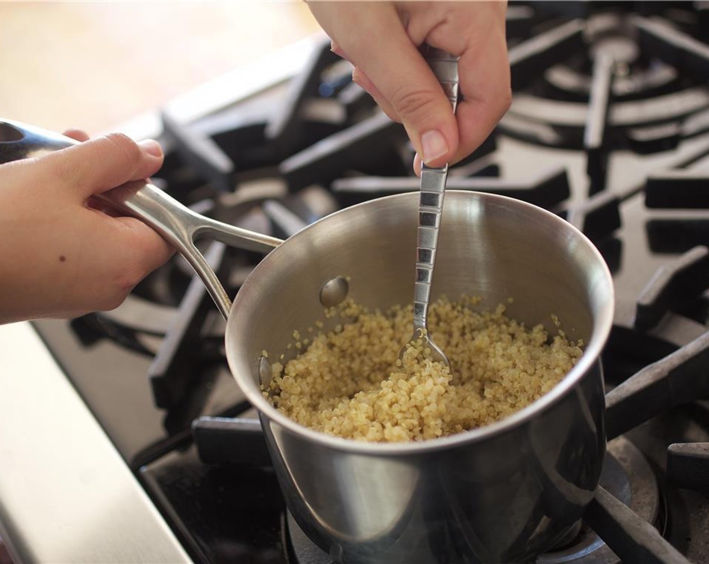 step 2 Remove from heat and let sit, covered, for at least 10 minutes before fluffing with a fork. Set aside.