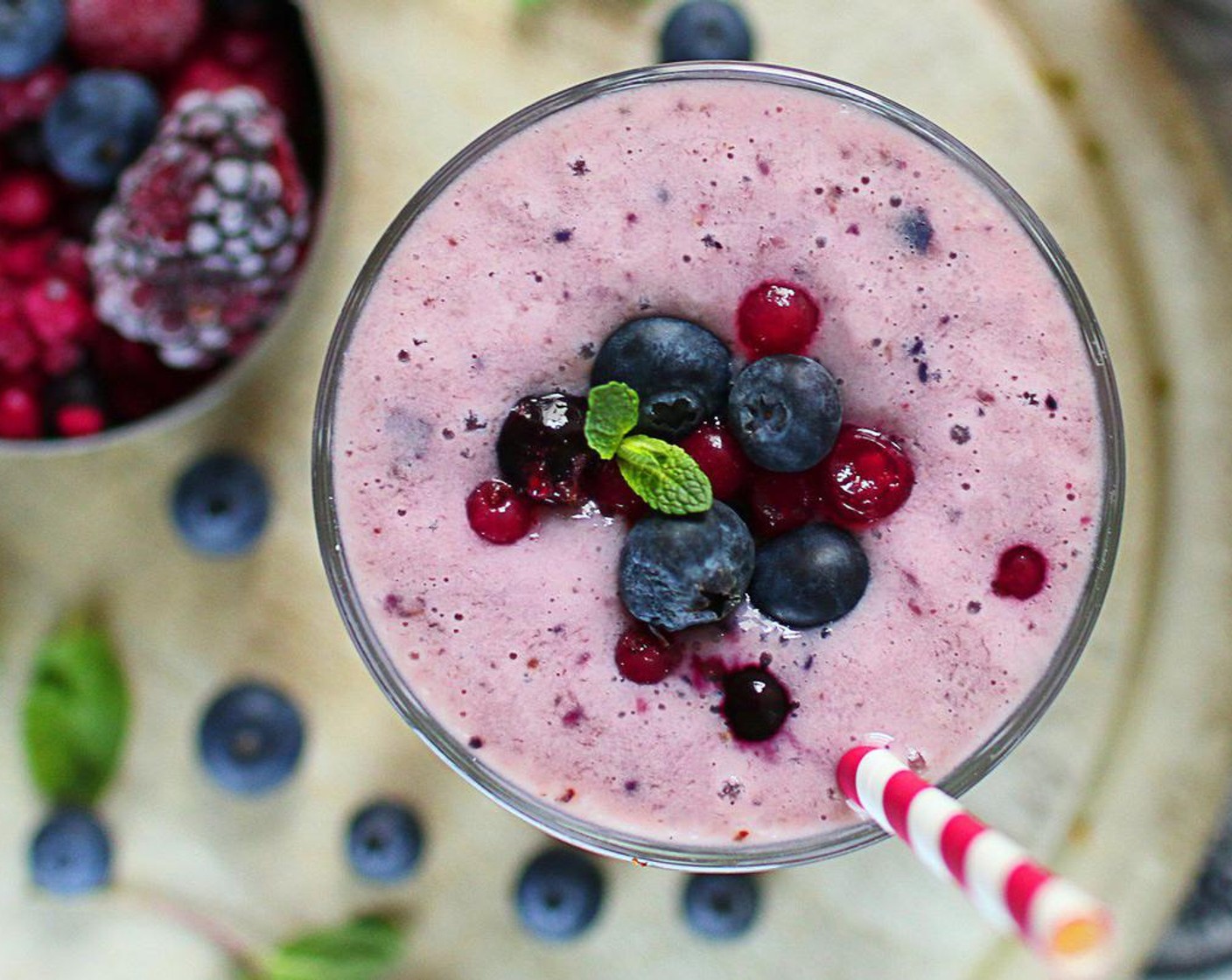 step 2 Pour into two glasses and garnish with Fresh Mixed Berries (to taste) and Fresh Mint Leaves (to taste) if desired. Serve and enjoy!