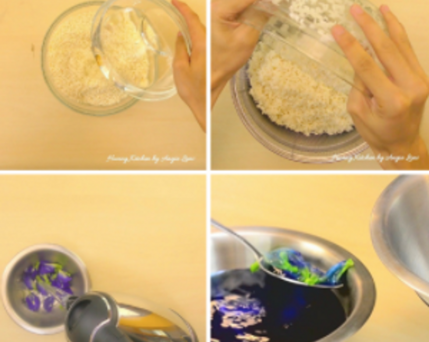 step 1 First, wash and soak Glutinous Rice (4 cups) for at least 2 hours and drained. Then soak the Blue Pea Flowers (15 stalks) in hot water (150ml) until the water turns dark blue. Remove the flowers and set aside the blue coloured water.