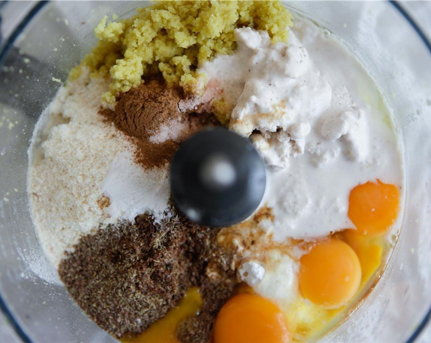 step 3 Add Eggland's Best Classic Eggs (4), Coconut Flour (1/2 cup), Flaxseed Meal (1/2 cup), Coconut Oil (1/2 cup), Coconut Milk (1/2 cup), Tapioca Starch (4 Tbsp), Honey (4 Tbsp), Vanilla Extract (1 tsp), Simply Organic Cinnamon, Ground (1 tsp), Baking Soda (1/2 tsp), Apple Cider Vinegar (1 tsp), and Sea Salt (1/2 tsp).