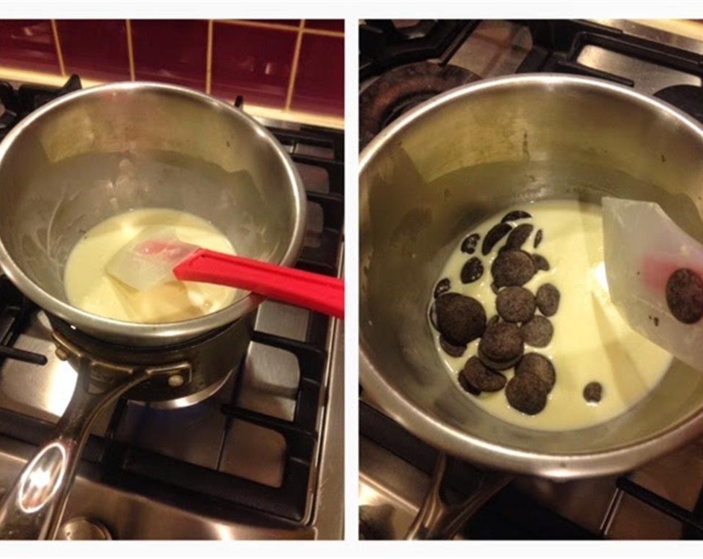 step 13 Make Chocolate ganache: use a double boiler to heat up the Thickened Cream (1/3 cup) and Milk (1 Tbsp). When the milk become warm to touch then add in Dark Chocolate (1/3 cup).