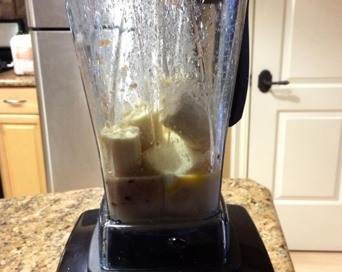 step 3 In this order, add ingredients to the Vitamix: Egg (1), Granulated Sugar (2/3 cup), Unsalted Butter (1/4 cup) Non-Fat Milk (1/3 cup), 1 tsp zest of the Lemon (1), Bananas (2), and Apple Sauce (1/4 cup). Variable 1-5, 15 seconds or until mixed.