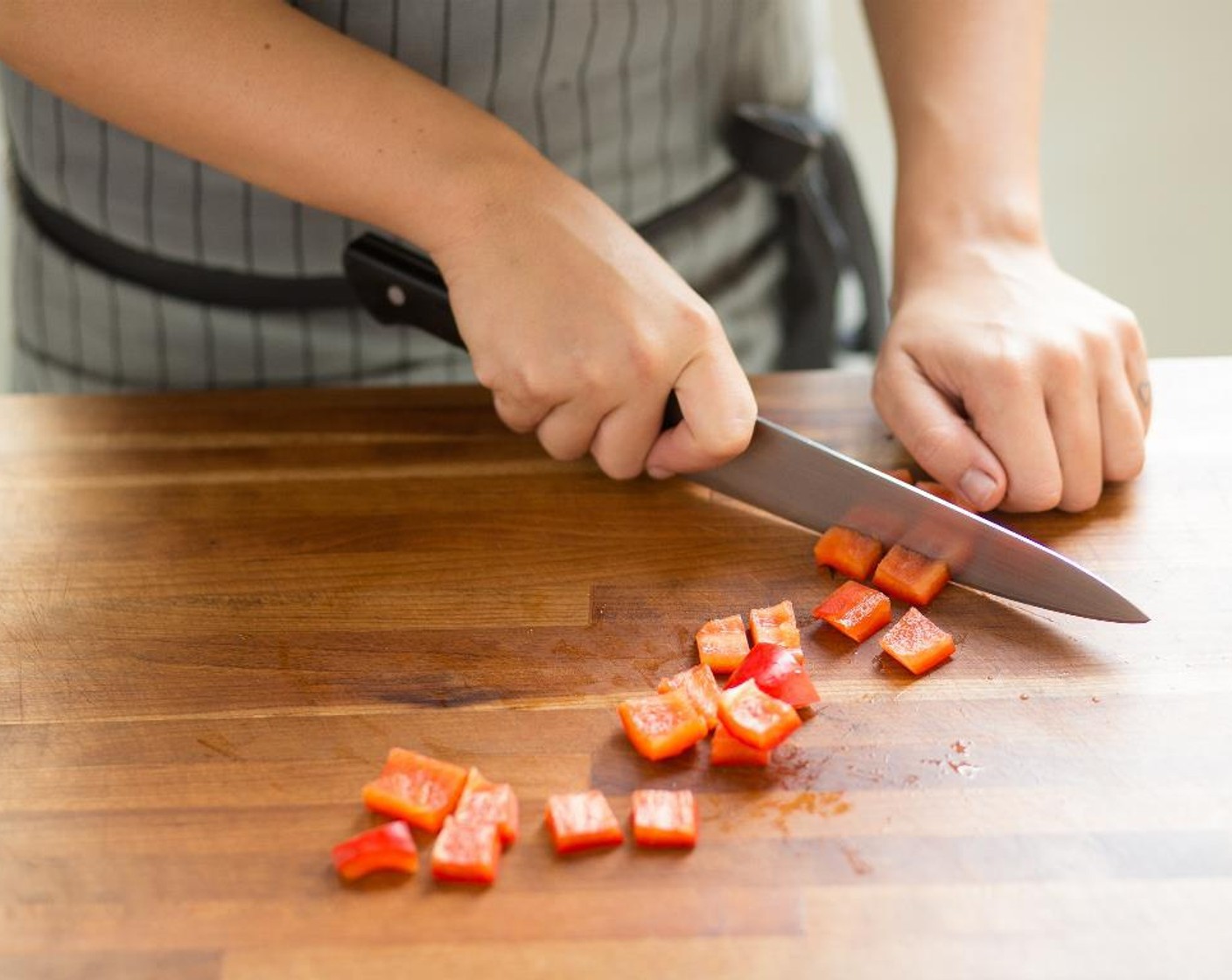 step 5 Remove the stem, pith and seeds from the Red Bell Pepper (1) and cut into 1/2 inch dice; hold. Cut the Green Beans (3/4 cup) into 1-inch slices on a bias; set aside. Roughly chop half of the Bamboo Shoots (1/2 can) and set aside.