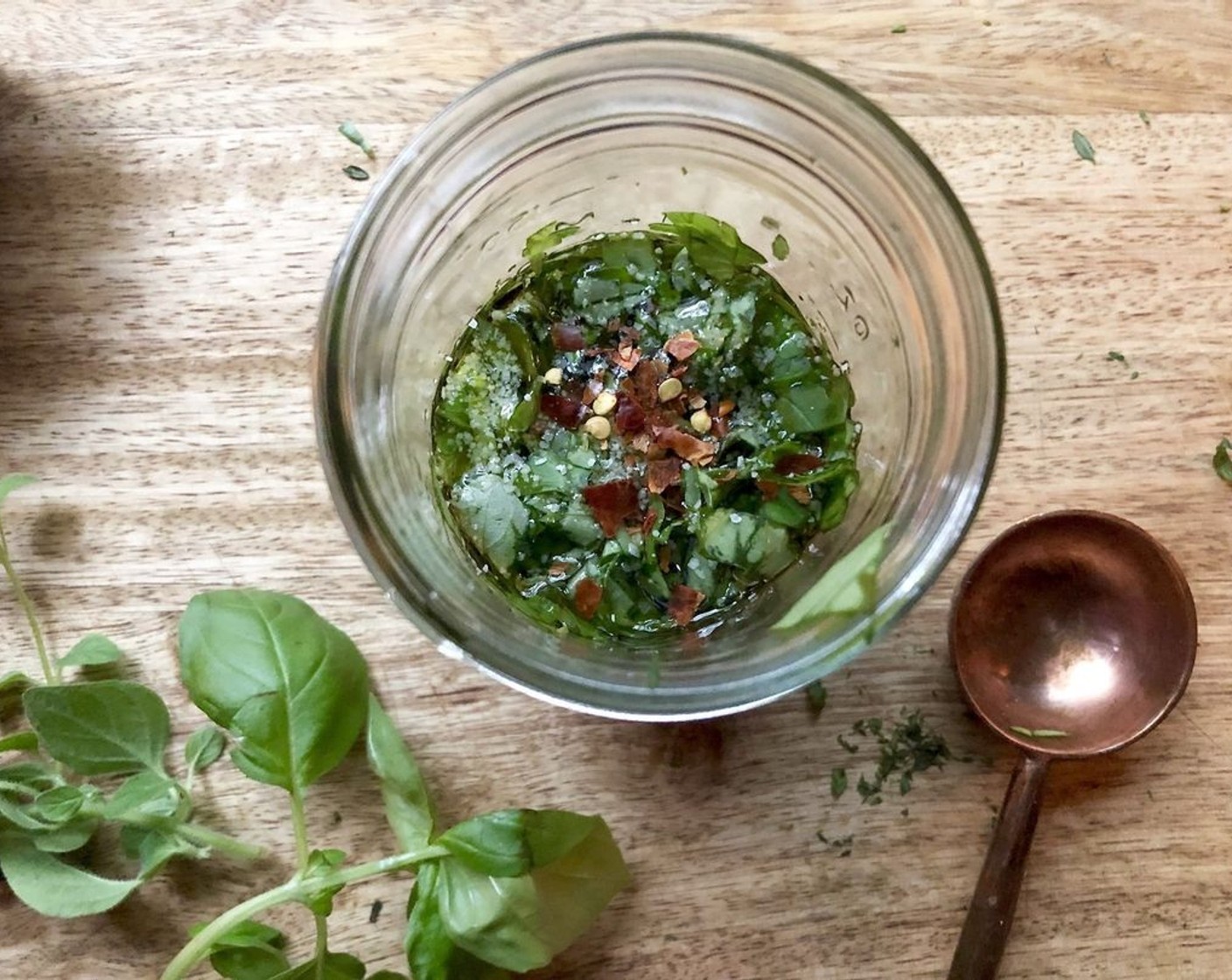 step 1 To make the marinade - In a glass jar, whisk together the Extra-Virgin Olive Oil (1/4 cup), Aged Balsamic Vinegar (2 Tbsp), Fresh Basil Leaves (12), Fresh Oregano (1 Tbsp), Fresh Thyme (1 Tbsp), Garlic (1 clove), Crushed Red Pepper Flakes (1 pinch), Kosher Salt (to taste), and Ground Black Pepper (to taste).