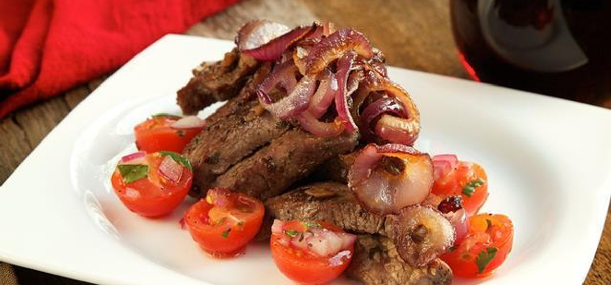 Quick Burgundy Beef with Cherry Tomato Salad Recipe | SideChef