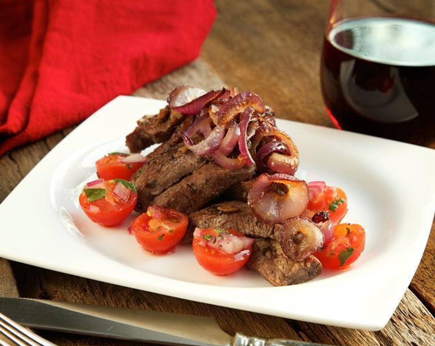 Quick Burgundy Beef with Cherry Tomato Salad