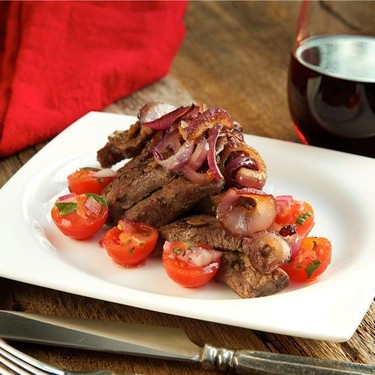 Quick Burgundy Beef with Cherry Tomato Salad Recipe | SideChef