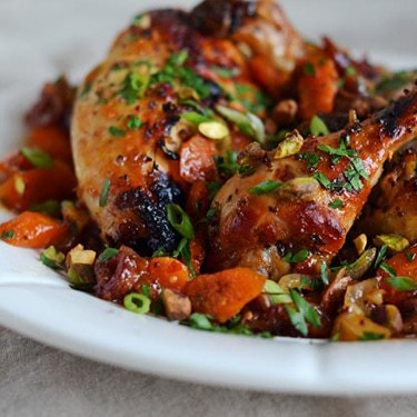 Sweet & Spicy Roast Chicken with Carrots, Dates & Pistachios Recipe | SideChef