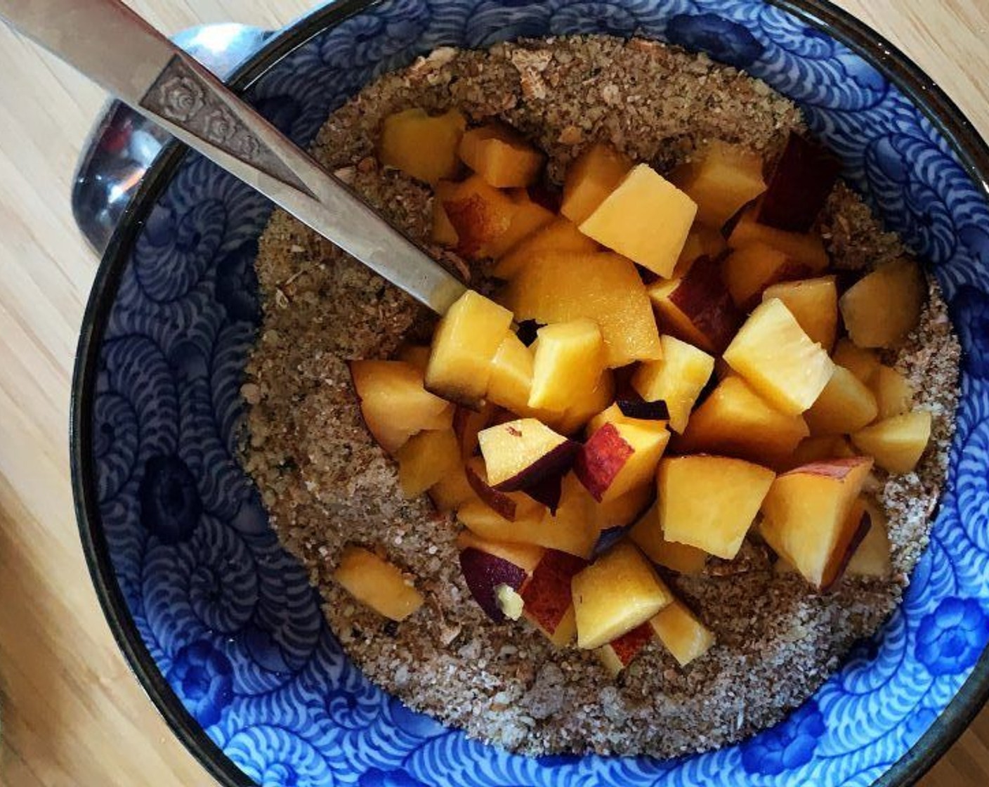 step 3 In a bowl combine powdered hemp and oats, Granulated Erythritol (2 Tbsp), Ground Flaxseed (1 Tbsp), Baking Powder (1/2 tsp), Ground Cinnamon (1/4 tsp), and Himalayan Rock Salt (1/8 tsp). Stir all the dry ingredients together then add the Peach (2/3 cup).