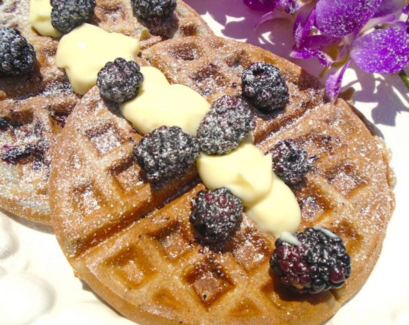 Blackberry Waffles with Vanilla Cream