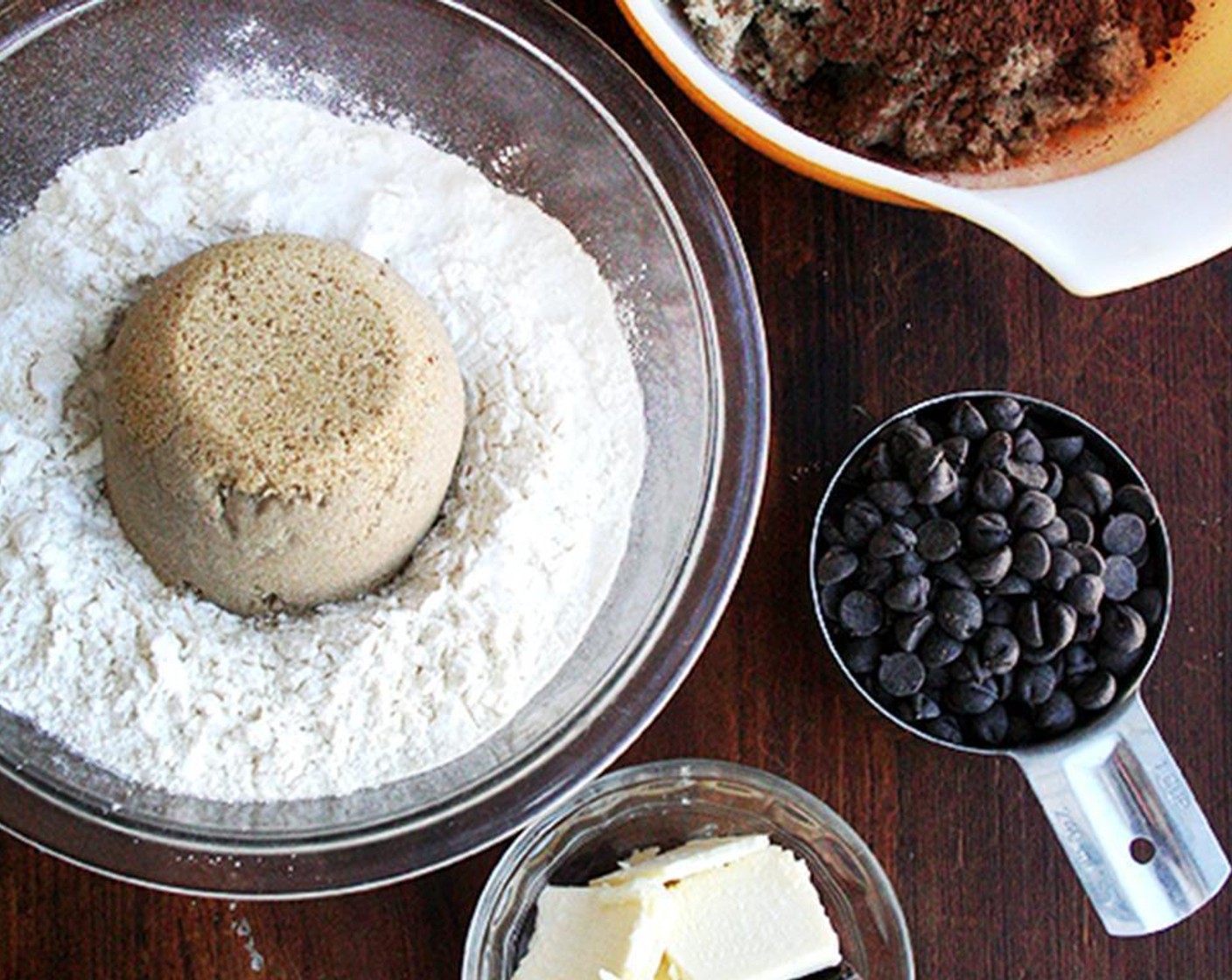 step 4 In a large mixing bowl combine All-Purpose Flour (2 1/2 cups), Brown Sugar (1 cup), Baking Powder (1 Tbsp), Baking Soda (1 tsp), and Salt (1/2 tsp). Mix well, making as uniform a mixture as possible.