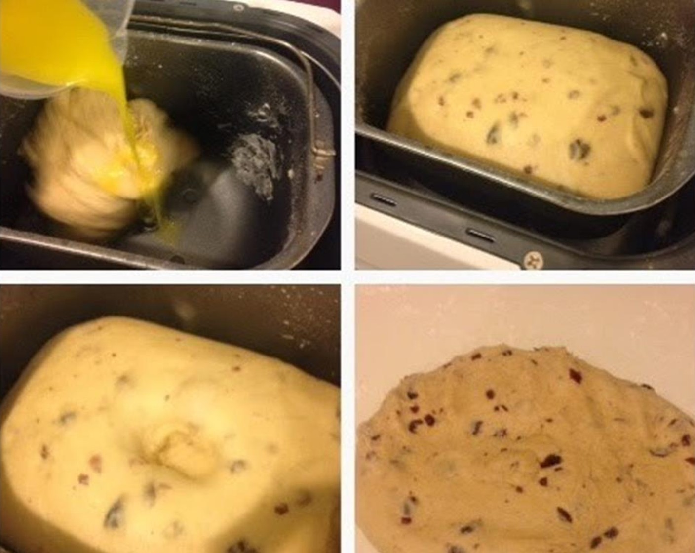 step 6 Select Dough mode in your bread machine. Once you see everything start to form a dough, pour in the melted Butter (2 1/2 Tbsp) and Dried Cranberries (1/2 cup).