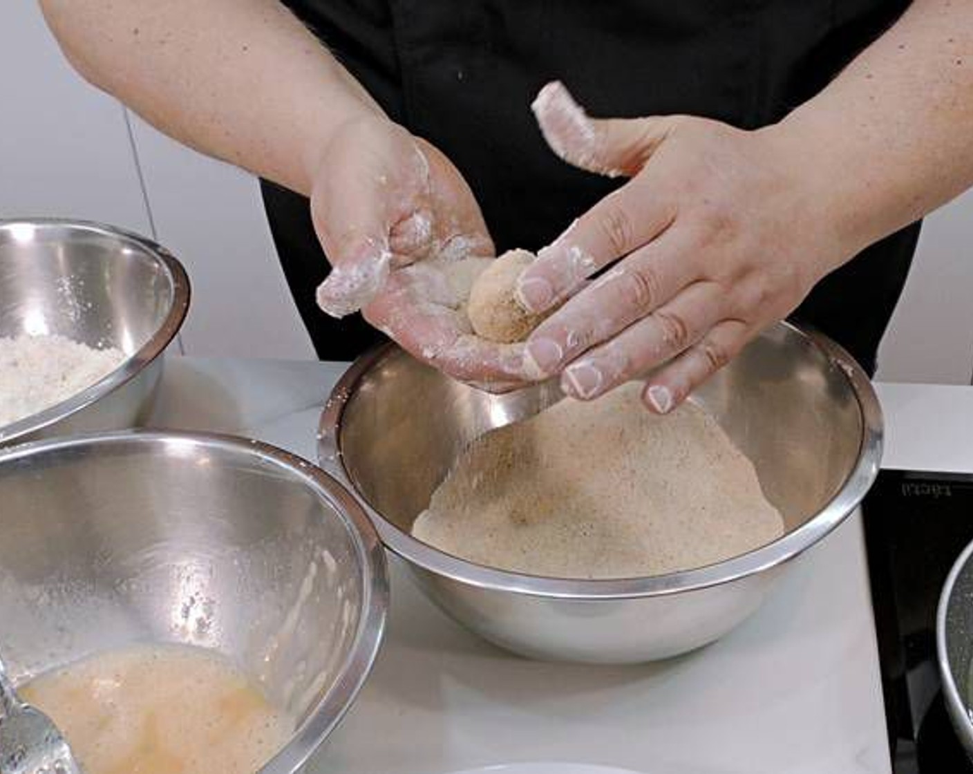 step 8 Once mixture is cold and firm we can start making croquets. Spread some flour or oil on your hands to avoid the mixture sticking to your hands. Take small chunks of the mixture and shape it into ovals or shape of choice. Cover in Breadcrumbs (to taste), then egg, and once more in breadcrumbs.