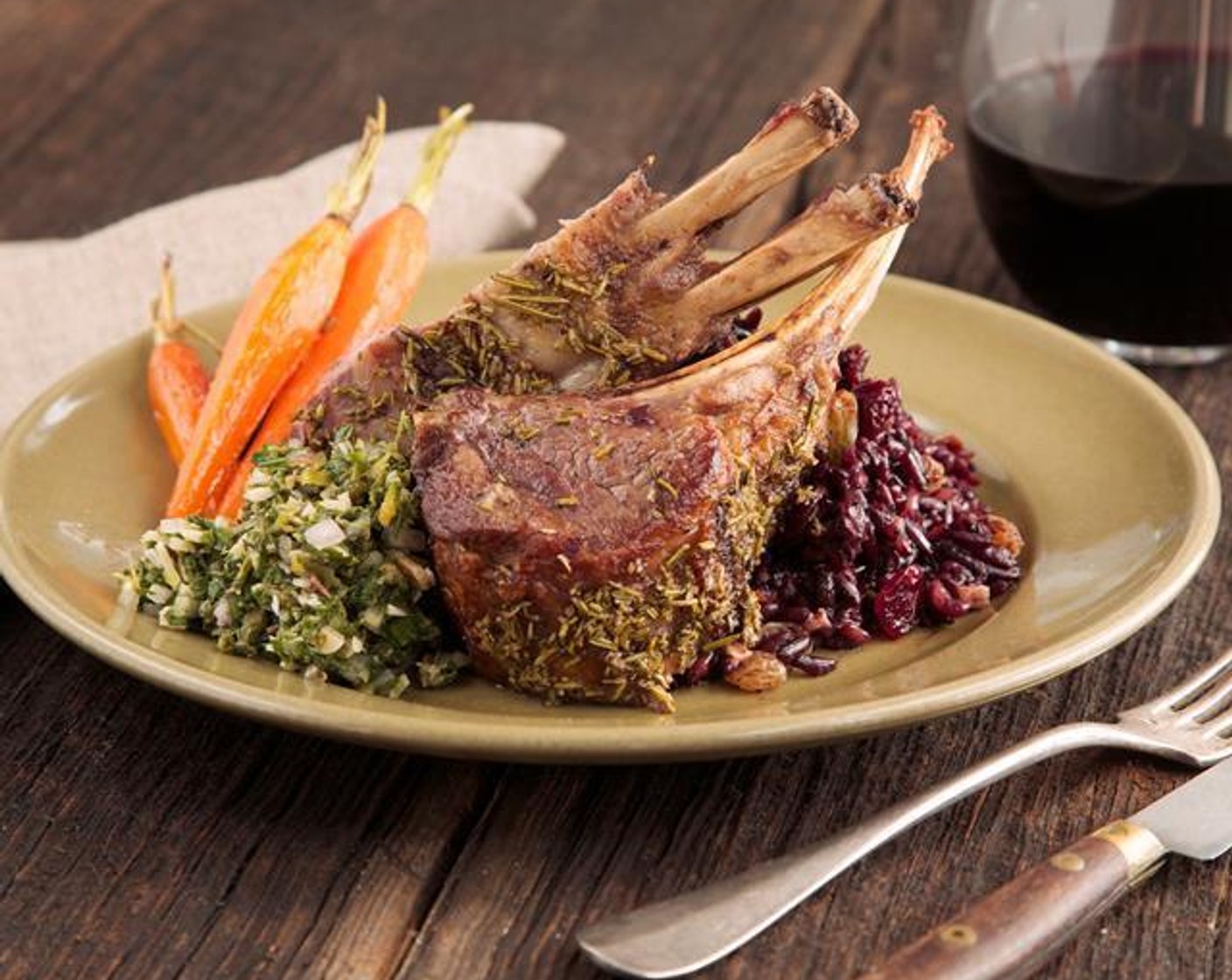Lamb Chops with Salsa Verde and Dried Fruit Pilaf