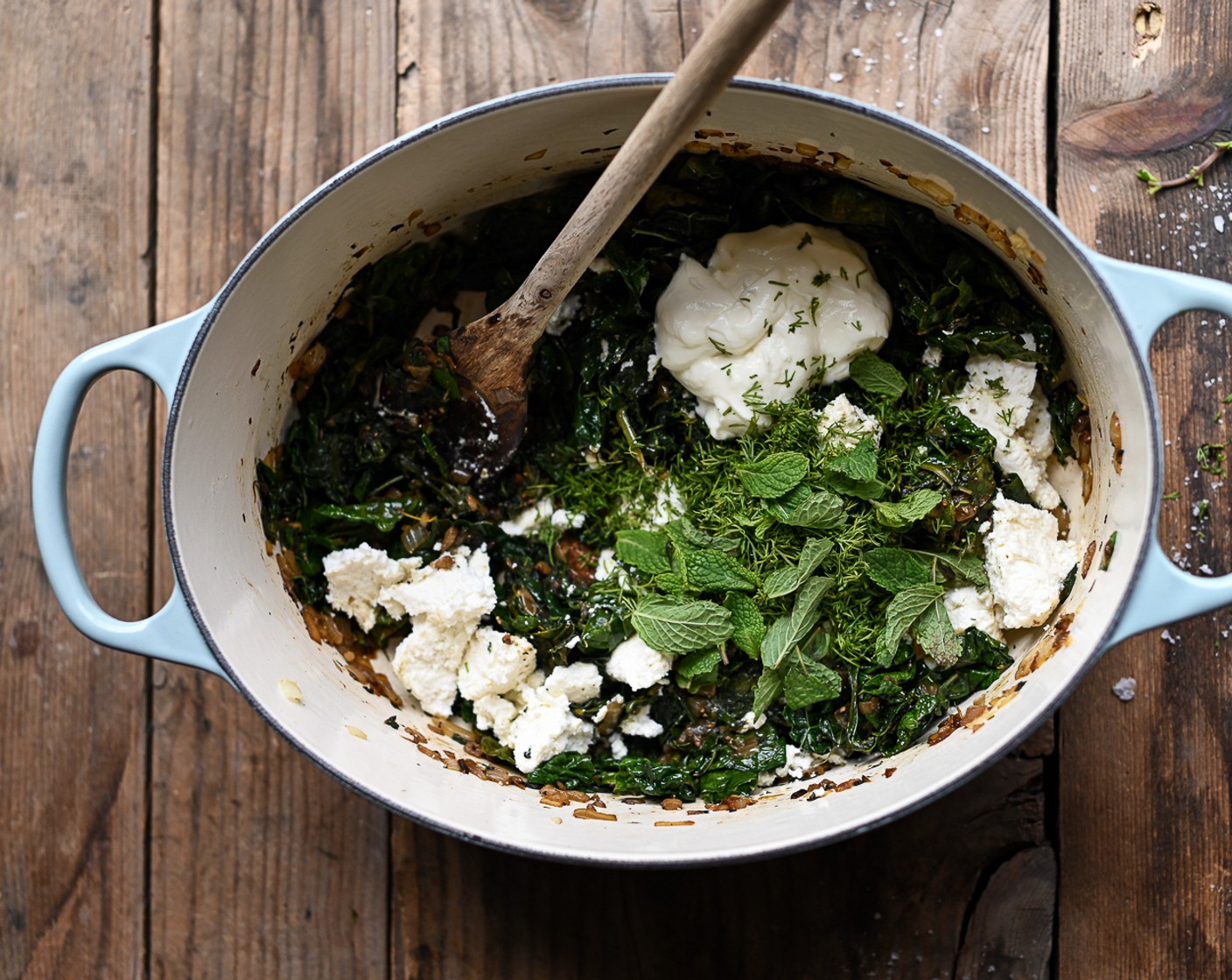 step 5 Season with Coarse Sea Salt (to taste) and Coarse Black Pepper (to taste), stir through the Fresh Mint (4 sprigs) and Fresh Dill (4 sprigs). Leave the filling to cool slightly.