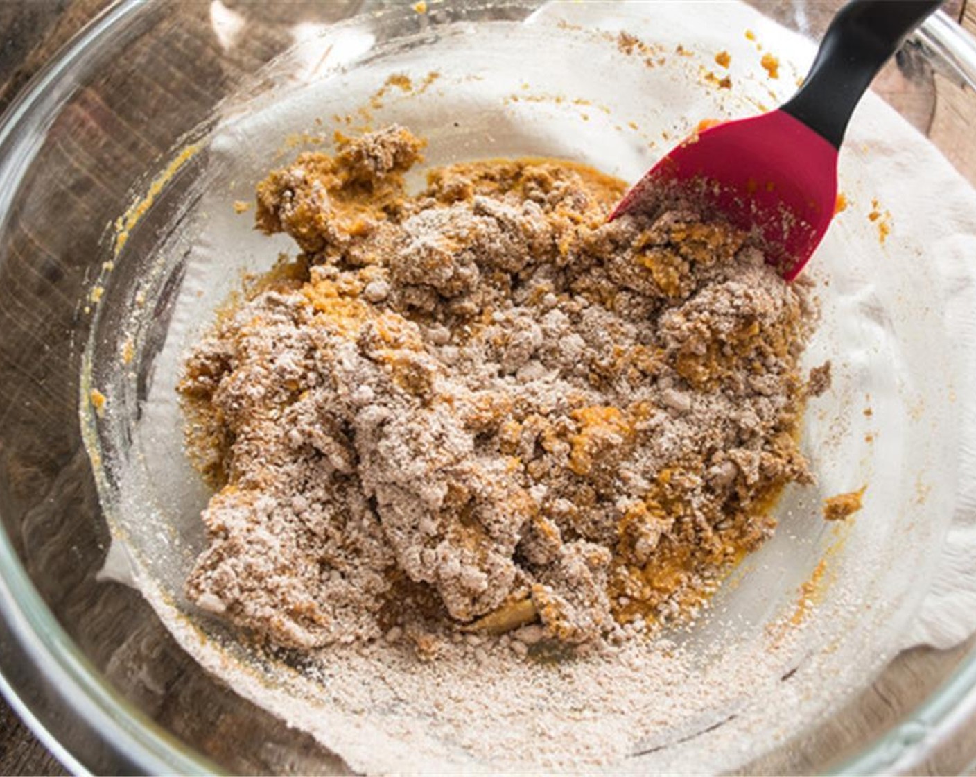 step 4 Add oat flour and ground cashew meal to a separate bowl, along with Baking Powder (1 tsp), Honey (1/3 cup), Baking Soda (1/2 Tbsp), Pumpkin Pie Spice (1 Tbsp), Ground Cinnamon (1/2 tsp), and Sea Salt (1/2 tsp). Whisk to combine all ingredients.