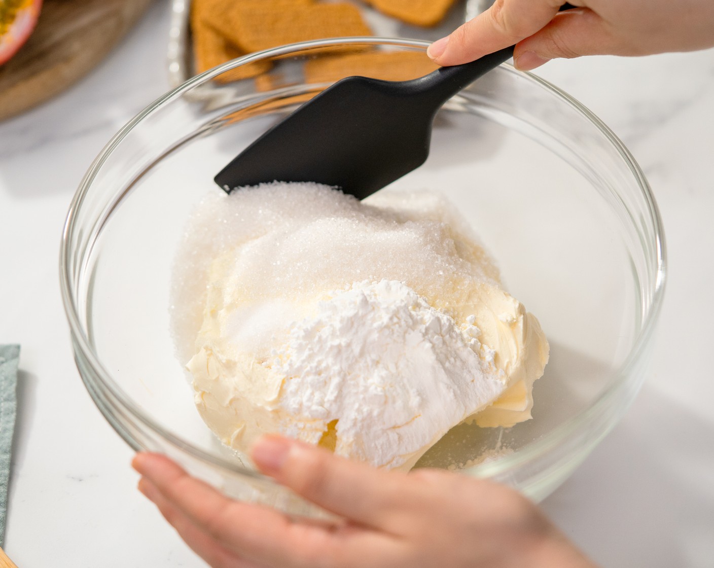 step 5 In a mixing bowl cream together the Cream Cheese (2 cups), Caster Sugar (2/3 cup), Salt (1 pinch), and Corn Starch (2 Tbsp) until smooth.