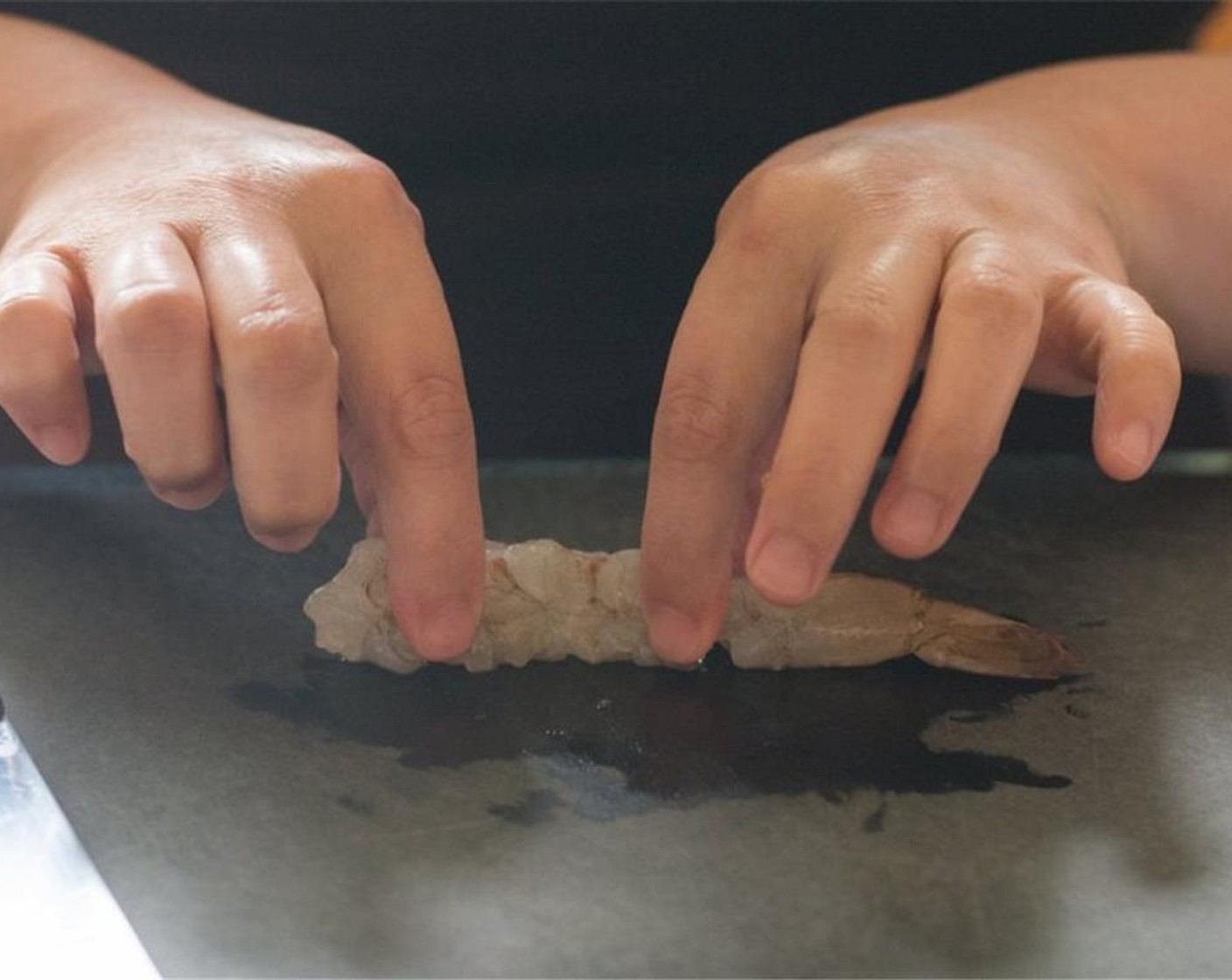 step 2 Prepare the Shrimp (10). Make 4 -5 vertical incisions across the belly of the shrimp. Flip the shrimp over and using your fingertips, squeeze the sides of the shrimp while pressing down. Pat dry with paper towel.