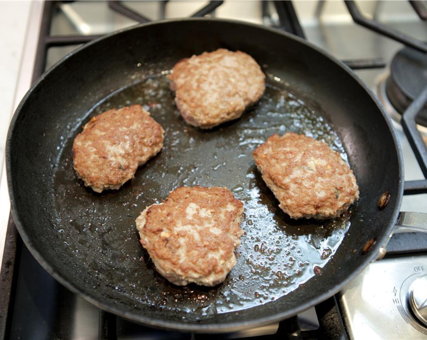 step 9 Cook for 3-4 minutes, or until golden brown on the first side, and a bit of liquid has started to bubble through the top of the patties. Flip and cook for 1-2 additional minutes, or until the second side is golden brown.