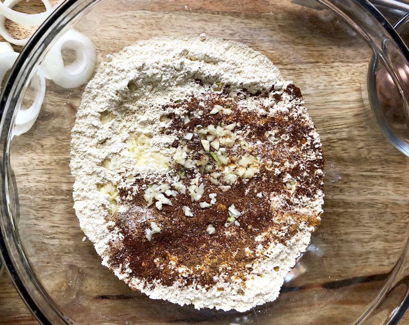 step 1 In a medium-sized bowl, add Chickpea Flour (1 cup), Salt (1 tsp), Chili Powder (1/2 tsp), Garam Masala (1/2 tsp), Ground Coriander (1/2 tsp), Ground Turmeric (1/2 tsp), and Garlic (2 cloves). Stir to blend well.