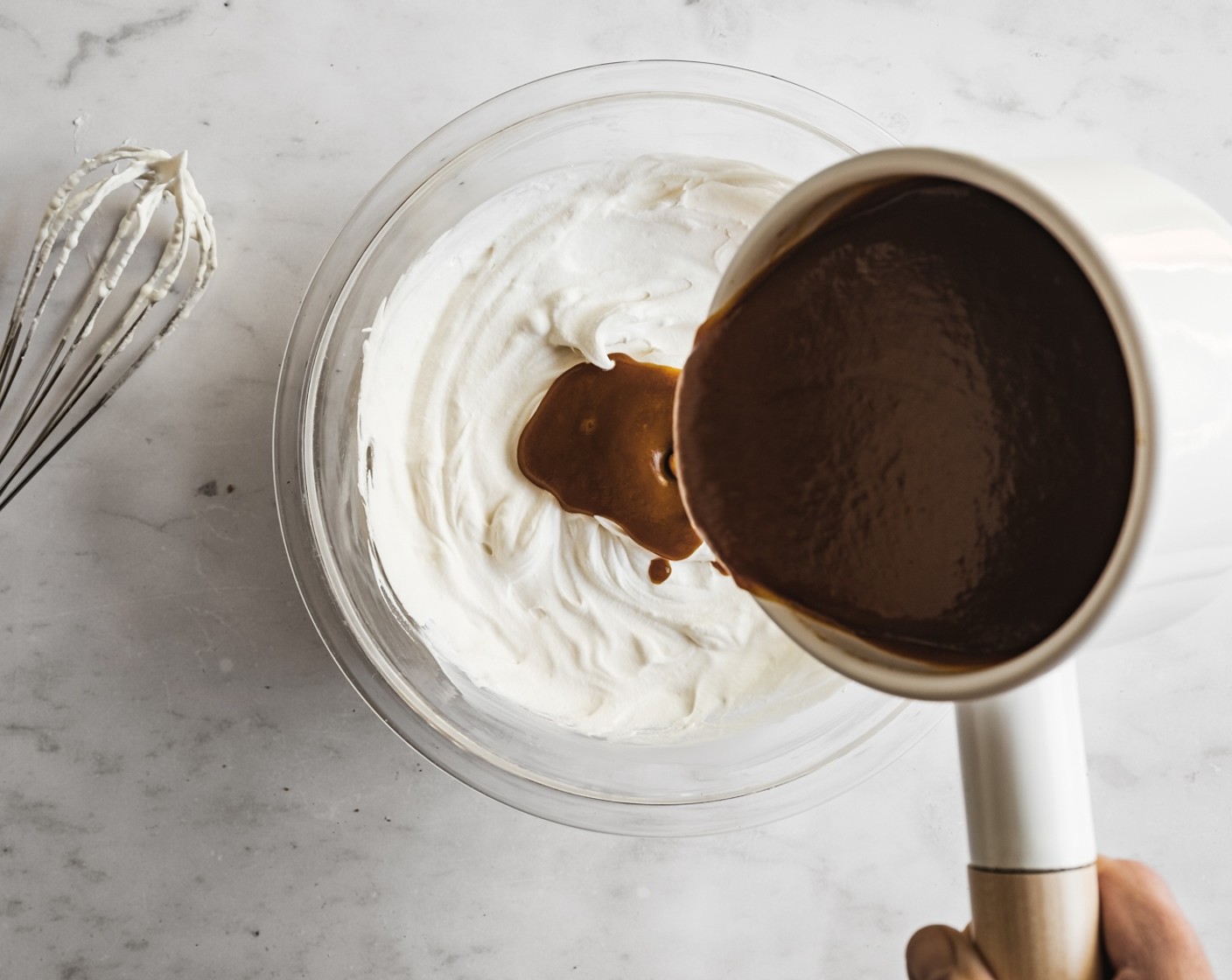 step 8 Whip the Heavy Cream (1/2 cup) along with the Maple Syrup (2 Tbsp) until soft peaks. Fold the cooled pumpkin mixture into the whipped cream until just combined.