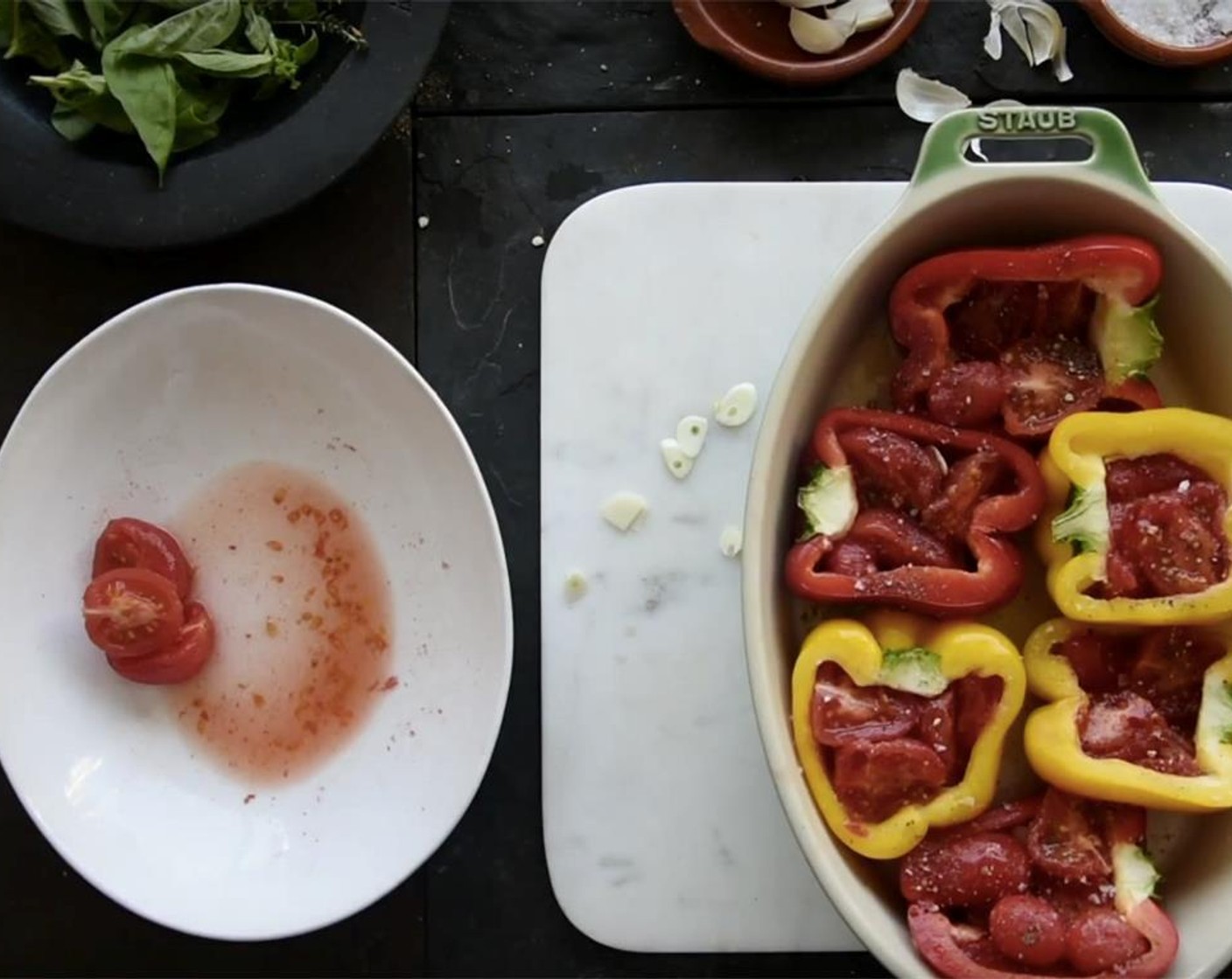 step 4 Put Tomatoes (6) in a bowl and pour boiling water over them. Leave them for 1 minute, then pop them into cold water to cool and let the skins shrink. Then cut the tomatoes in half or quarters. Add 3-4 halves to each pepper.