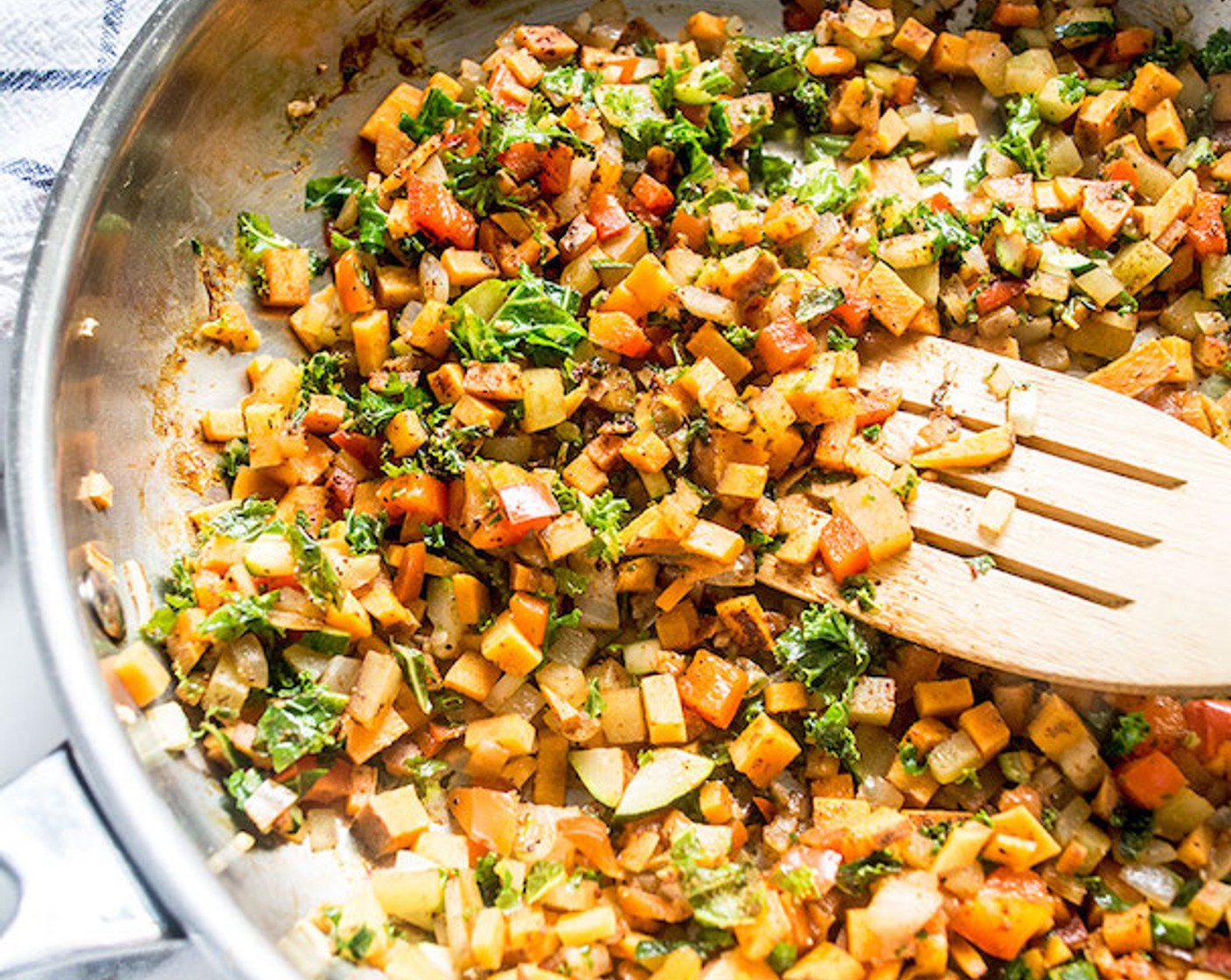 step 4 Next, add Zucchini (1/3 cup), Kale (1/2 cup), Bell Pepper (1/3 cup), Chili Powder (1/2 tsp), Ground Cumin (1/2 tsp), Smoked Paprika (1/2 tsp), Salt (to taste), and Ground Black Pepper (to taste), cook another 5 minutes or until all veggies are tender. Stir occasionally throughout the cooking time.