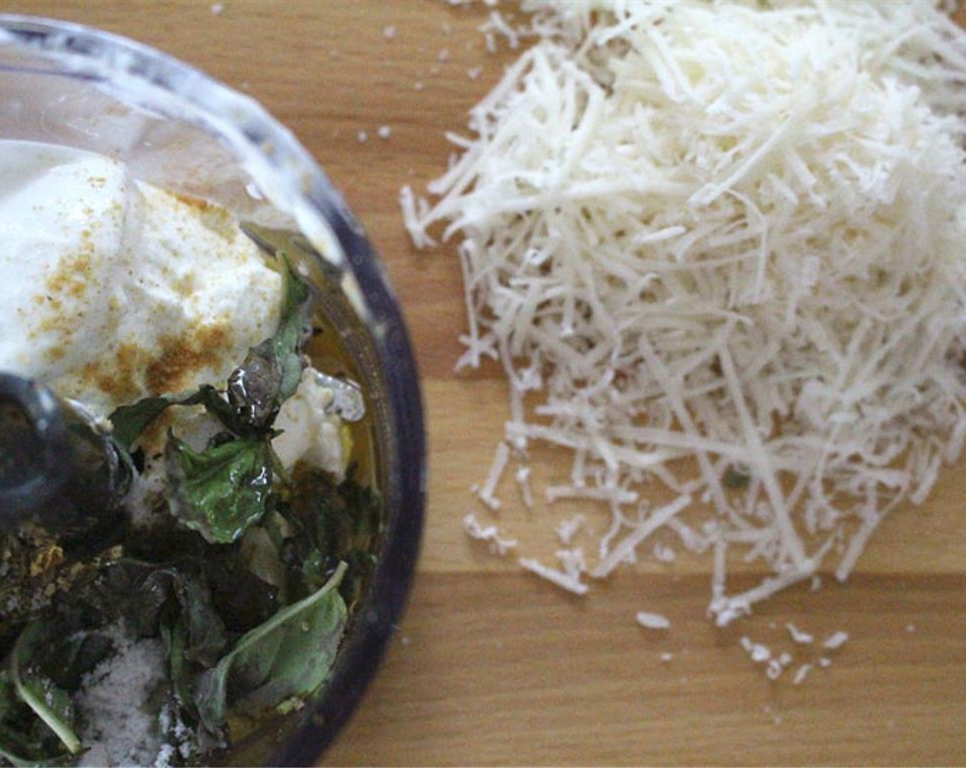 step 5 Blend Yogurt (3/4 cup), Parmesan Cheese (4 Tbsp), Garlic (2 cloves), Fresh Ginger (1 pinch), Honey (1 tsp), and Balsamic Vinegar (1 Tbsp) in a food processor.